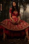 Buy_Kalighata_Red Raw Silk V Neck Embroidered Bridal Lehenga Set _Online_at_Aza_Fashions