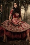 Shop_Kalighata_Red Raw Silk V Neck Embroidered Bridal Lehenga Set _Online_at_Aza_Fashions