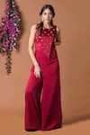 Buy_Mehak Murpana_Red Milano Satin Embroidery Round Jumpsuit _at_Aza_Fashions