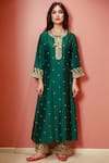 Shop_Label Niti Bothra_Green Cupro Dupion Embroidery Notched Embellished Kurta And Palazzo Set _at_Aza_Fashions