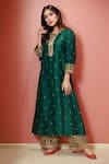 Label Niti Bothra_Green Cupro Dupion Embroidery Notched Embellished Kurta And Palazzo Set _Online_at_Aza_Fashions