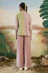 Shop_Febo6_Pink Linen Plain Band Collar Colorblock Top And Pant Set _at_Aza_Fashions