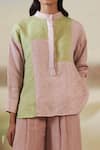 Buy_Febo6_Pink Linen Plain Band Collar Colorblock Top _Online_at_Aza_Fashions