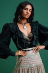 Nidhi Yasha_Green Viscose Embroidery V Neck Ruffled Top _Online_at_Aza_Fashions