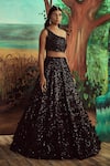 Angad Singh_Black Lehenga Georgette Hand Embroidered Sequins One Shoulder Set _Online_at_Aza_Fashions