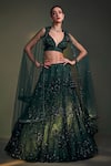 Shop_Angad Singh_Green Lehenga And Blouse Organza Dupatta Net Embroidery Leaf Neck Bridal Set_at_Aza_Fashions