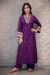 Shop Label Niti Bothra Purple Kurta Raw Silk Palazzo Cupro Velvet Overlap Resham Embroidered And Set at Aza Fashions Shop_Label Niti Bothra_Purple Kurta Raw Silk Palazzo Cupro Velvet Overlap Resham Embroidered And Set _at_Aza_Fashions