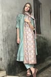 I Am Design_Green Ikat Satin Linen Embroidered Kurta Set _Online_at_Aza_Fashions