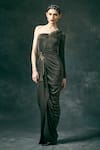 Buy_Mandira Wirk_Black Asymmetric One Shoulder Draped Embroidered Gown For Women_at_Aza_Fashions