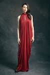 Buy_Mandira Wirk_Red Halter Draped Maxi Dress For Women_at_Aza_Fashions