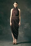 Buy_Mandira Wirk_Brown Halter Draped Asymmetric Gown _at_Aza_Fashions