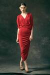 Buy_Mandira Wirk_Red V Neck Draped Midi Dress _at_Aza_Fashions