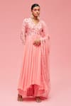 Buy_Nachiket Barve_Peach Dupatta Tulle, Kurta Georgette, Lining Floral Embroidered Anarkali Set _at_Aza_Fashions