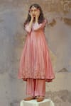 Shop_Chokhi Chorri_Pink Silk Chanderi V Neck Anarkali And Pant Set _at_Aza_Fashions
