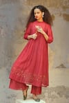 Buy_Chokhi Chorri_Red Malai Chanderi High Neck Embroidered Kurta And Sharara Set _at_Aza_Fashions