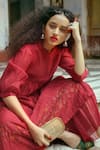 Shop_Chokhi Chorri_Red Malai Chanderi High Neck Embroidered Kurta And Sharara Set _at_Aza_Fashions