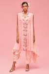 Buy_Nachiket Barve_Peach Cape Jacket Chiffon V Neck Asymmetric And Dhoti Pant Set  _at_Aza_Fashions