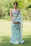 Buy_Fallon.Studio by Shruti Kaushik_Blue Imported Pure Silk Organza Hand Painted Rose The Umade Saree  _at_Aza_Fashions