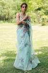 Shop_Fallon.Studio by Shruti Kaushik_Blue Imported Pure Silk Organza Hand Painted Rose The Umade Saree  _Online_at_Aza_Fashions