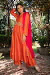 Shop_Label Niti Bothra_Orange Dupion Dupatta Soft Silk Embroidery V Neck Kurta With Palazzo _at_Aza_Fashions