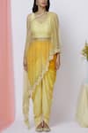 Aariyana Couture_Yellow Net Blouse Leaf Neckline Embroidered Cape Dhoti Pant Set  _Online_at_Aza_Fashions