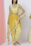 Buy_Aariyana Couture_Yellow Net Blouse Leaf Neckline Embroidered Cape Dhoti Pant Set  _at_Aza_Fashions