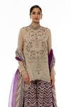 Kavita Bhartia_Beige Organza Band Collar Embroidered Kurta Palazzo Set  _Online_at_Aza_Fashions