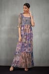 Shop_Kavita Bhartia_Purple Chiffon Square Neck Floral Print Maxi Dress _at_Aza_Fashions