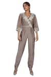 Buy_Ekru_Grey Linen Satin V Neck Embroidered Jumpsuit _at_Aza_Fashions