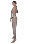 Ekru_Grey Linen Satin V Neck Embroidered Jumpsuit _Online_at_Aza_Fashions