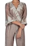 Buy_Ekru_Grey Linen Satin V Neck Embroidered Jumpsuit _Online_at_Aza_Fashions