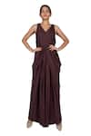 Buy_Ekru_Brown Silk Muslin V Neck Draped Jumpsuit _at_Aza_Fashions