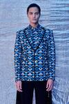 Line out line_Blue Cotton Printed Geometric Blazer_Online_at_Aza_Fashions