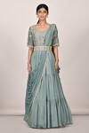 Shop_Khwaab by Sanjana Lakhani_Green Dola Silk Floral Embroidered Draped Saree Gown_Online_at_Aza_Fashions