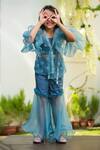 Littleens_Blue Silk Organza Sequins, Pearls Noor Embellished Jacket And Pant Set _Online_at_Aza_Fashions