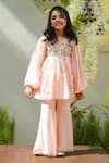 Buy_Littleens_Peach Tencel, Muslin Embroidery Shagufta Embellished Anarkali With Sharara _at_Aza_Fashions