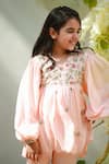 Shop_Littleens_Peach Tencel, Muslin Embroidery Shagufta Embellished Anarkali With Sharara _Online_at_Aza_Fashions