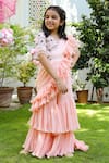 Buy_LITTLEENS_Pink Organic Crushed Cotton Inaayat Ruffle Sharara Saree Set For Girls_at_Aza_Fashions