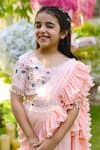 Shop_LITTLEENS_Pink Organic Crushed Cotton Inaayat Ruffle Sharara Saree Set For Girls_Online_at_Aza_Fashions