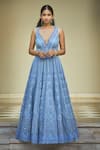 Buy_Jade by Monica and Karishma_Blue Net Embroidered Floral V Neck Aaira Gown  _at_Aza_Fashions