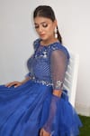 PARUL GANDHI_Blue Paper Silk Embroidery Round Anarkali With Ruffle Dupatta _Online_at_Aza_Fashions