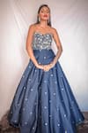 Buy_PARUL GANDHI_Blue Dutch Satin Embroidery Sweetheart Neck Bandeau Gown _at_Aza_Fashions