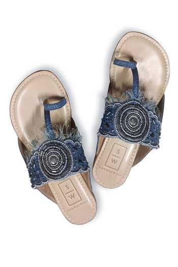 Buy_Sandalwali_Blue Beads Embroidered Denim Kolhapuri Sandals _at_Aza_Fashions