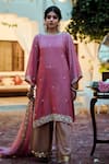 Buy_Gul By Aishwarya_Pink Satin , Organza Floral, Pearl, Embroidered Kurta Palazzo Set _at_Aza_Fashions