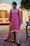 Shop_Gul By Aishwarya_Pink Satin , Organza Floral, Pearl, Embroidered Kurta Palazzo Set _at_Aza_Fashions