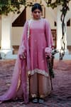 Gul By Aishwarya_Pink Satin , Organza Floral, Pearl, Embroidered Kurta Palazzo Set _Online_at_Aza_Fashions