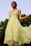 Buy_Gul By Aishwarya_Green Viscose Chiffon Floral, Bead V Neck Embroidered Tiered Dress _at_Aza_Fashions