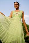 Gul By Aishwarya_Green Viscose Chiffon Floral, Bead V Neck Embroidered Tiered Dress _Online_at_Aza_Fashions