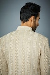 Gargee Designers_Beige Jacket  Matka Silk Embroidery Geometric Bandhgala And Kurta Set_at_Aza_Fashions