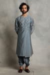 Buy_Gargee Designers_Grey Kurta Cotton Silk Embroidered Floral Angrakha And Set _at_Aza_Fashions